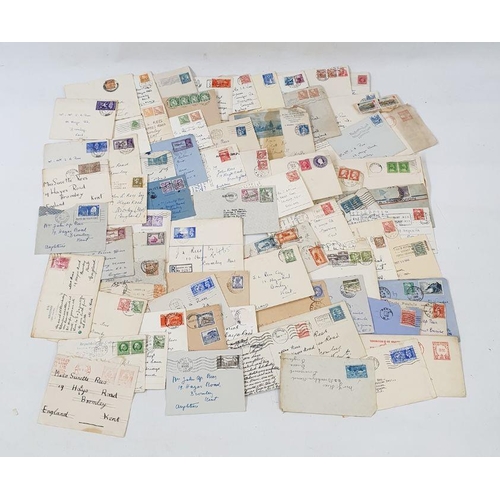 208 - GB World: Old stamp album box full of some 70+ covers and PCs mostly from 1930s-1950s including cens... 