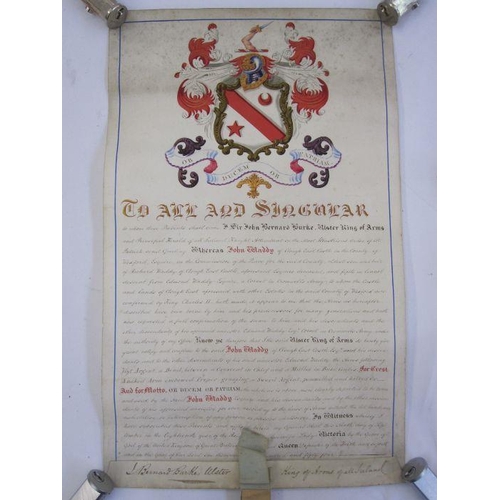 322 - Vellum scroll relating to the Ulster King of Arms and Heraldry, dated 1854, with ribbons and seals