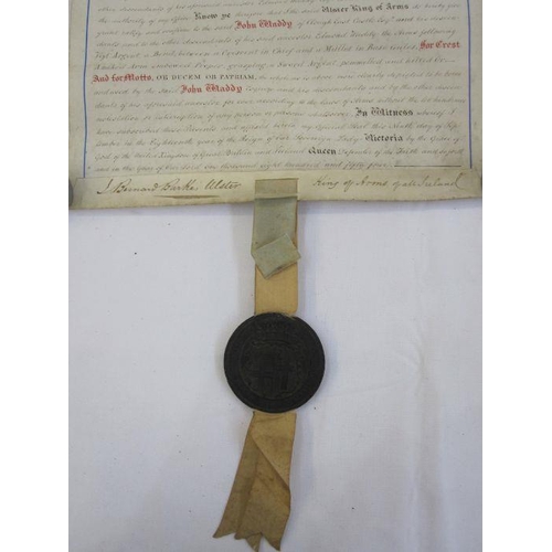 322 - Vellum scroll relating to the Ulster King of Arms and Heraldry, dated 1854, with ribbons and seals