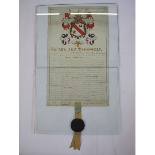 322 - Vellum scroll relating to the Ulster King of Arms and Heraldry, dated 1854, with ribbons and seals