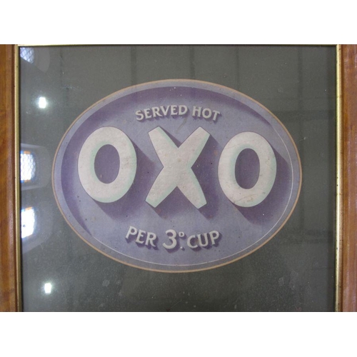 335 - OXO advertising print, the purple and white oval OXO sign inscribed 'Served Hot OXO Per 3d.cup', wit... 