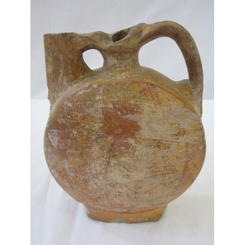 346 - Egyptian pottery flask, disc-shaped, with pierced curved handle, geometric painted decoration circle... 