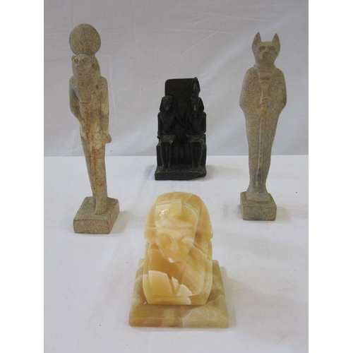 351 - Pair soapstone carved Egyptian deities, Sekhmet and Bastet, 27.5cm and 26.5cm, a stone seated pair o... 