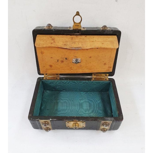 378 - 19thC Leather-studded casket with leather and brass powder flask