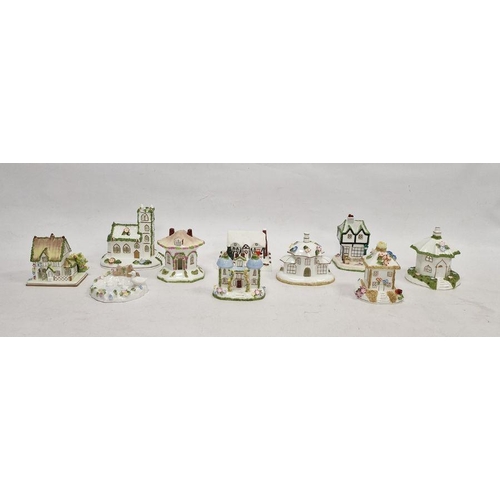 1 - 10 Coalport reproduction pastille burners to include Village church, Umbrella House, Thatched Cottag... 