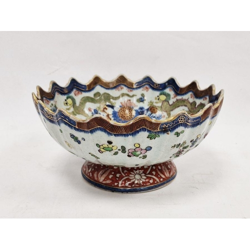 101 - Chinese clobbered pedestal bowl with scalloped border, underglaze blue and enamel decoration of crys... 