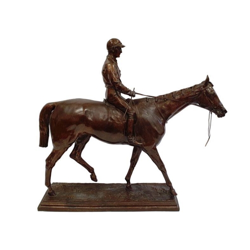 109 - After Isidore Jules Bonheur (1827-1901) bronze study of horse and jockey, on rocky rectangular plint... 