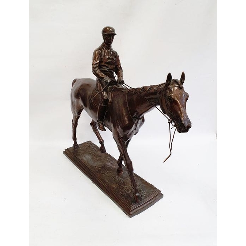 109 - After Isidore Jules Bonheur (1827-1901) bronze study of horse and jockey, on rocky rectangular plint... 