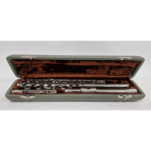 115 - 20th century silvered flute in lined fitted case by J.M. Grassi, Milano, stamped and no'd 9265