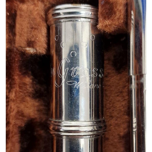 115 - 20th century silvered flute in lined fitted case by J.M. Grassi, Milano, stamped and no'd 9265