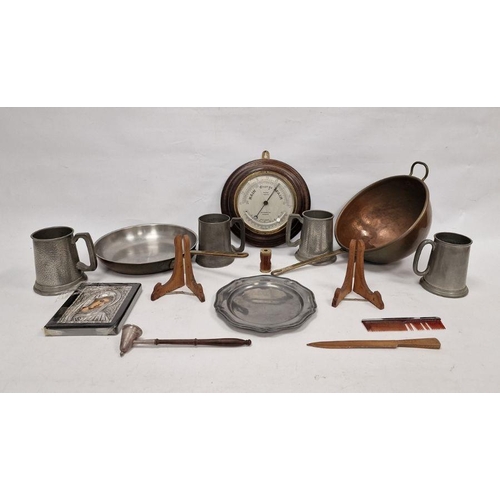 143 - John Barker & Co. Ltd. oak cased marine aneroid barometer, four pewter tankards, a small metal chest... 