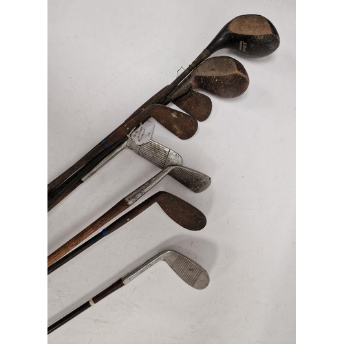 156 - Small quantity of vintage golf clubs to include a J Morris Special 8 iron, a Jazz Lillywhite 8 iron ... 