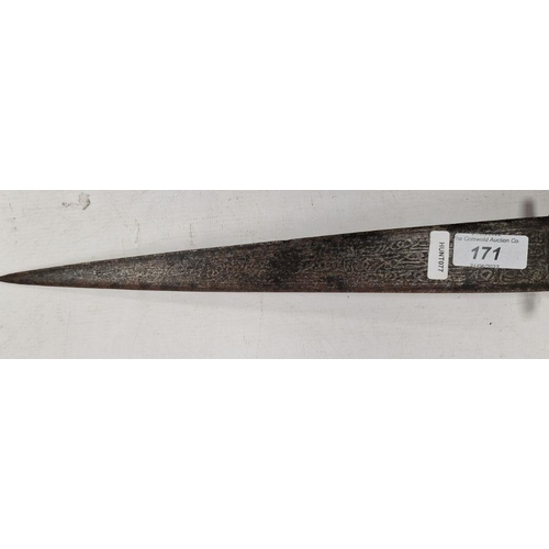 171 - Antique dagger, possibly Middle Eastern, with acid etched scrollwork decoration to blade and bone ha... 