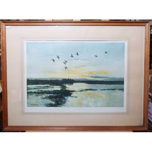 221 - After Peter Scott, 
 Three signed colour prints, birds in landscapes, 53cm x 35cm each and two other... 