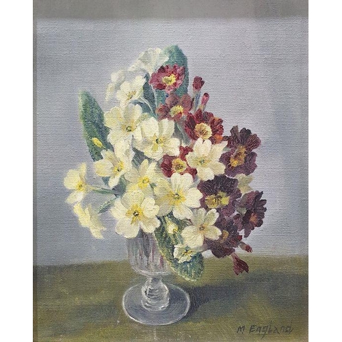 230 - M England
 Oil on canvas
 Still life of clematis and roses, framed (60cm x 34.5cm) and eight other o... 