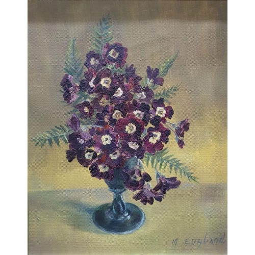 230 - M England
 Oil on canvas
 Still life of clematis and roses, framed (60cm x 34.5cm) and eight other o... 