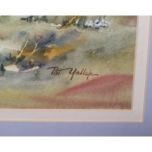 245 - Pat Yallup
 Watercolour drawing
 Moorland scene with foxgloves and wild flowers, mountains in backgr... 