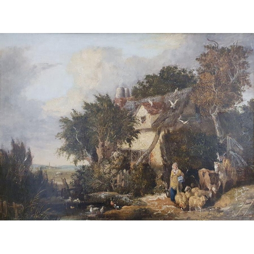 251 - Unattributed
 Oil on canvas
 Pastoral scene, cottage in background with female figure carrying milk ... 