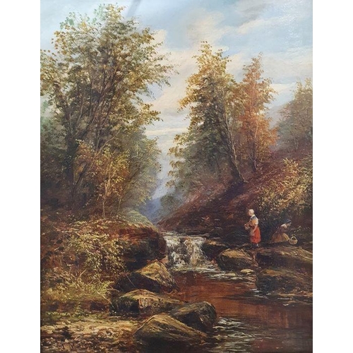 253 - J. Mellor 
 Oil on board
 Mountain stream with waterfall, female figures on right hand side, with ba... 