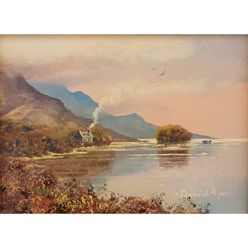 257 - Donald Ayres
 Oil on panel
 'Loch Linnie' signed lower right 8 x 11 cm
 together with assorted print... 