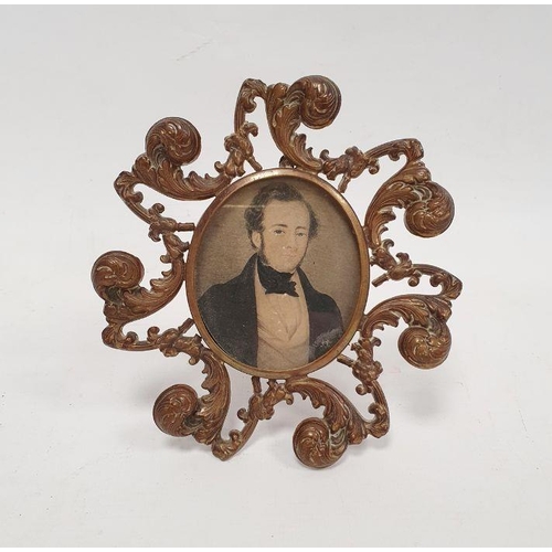 267 - Nineteenth century miniature on paper, half-length portrait of Victorian gentleman in black cravat, ... 