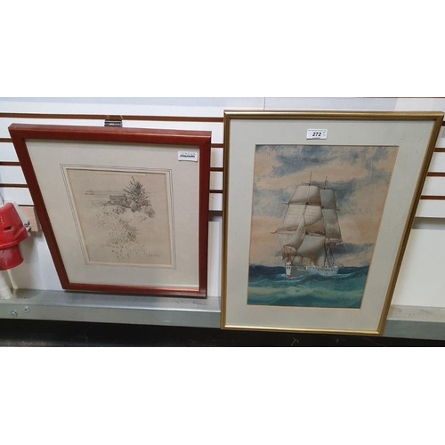 272 - Unattributed
 Watercolour drawing
 Sailing ship in rough sea, framed, 38cm x 25cm
 Russell Thomas
 P... 