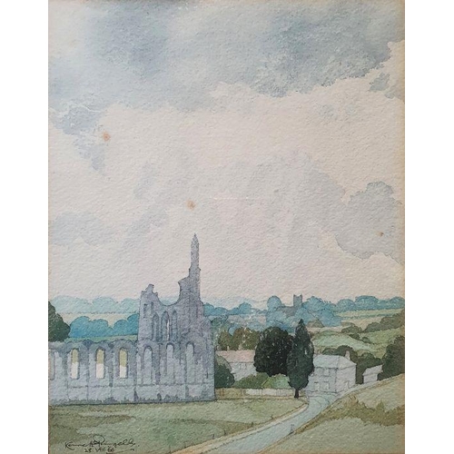 279 - Kenneth Pengelly
 Two watercolours and a pencil sketch
 Ruined cathedral, castle and study of an alc... 