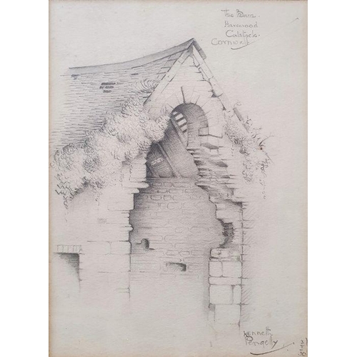 279 - Kenneth Pengelly
 Two watercolours and a pencil sketch
 Ruined cathedral, castle and study of an alc... 