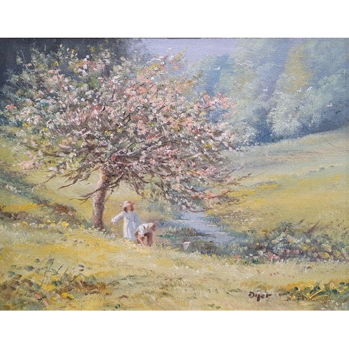 288 - Oil on canvas 
 Springtime Orchard, indistinct signature lower left, in gilt frame, 19cm x 25cm