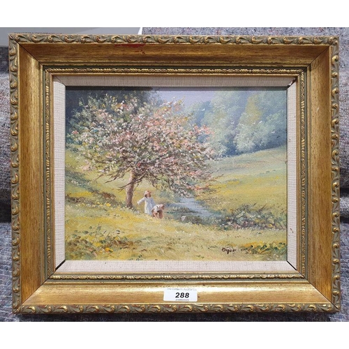 288 - Oil on canvas 
 Springtime Orchard, indistinct signature lower left, in gilt frame, 19cm x 25cm