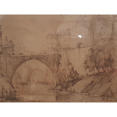 299 - Raymond Berrow (18th century school)
 Crayon and wash
 Town scene with bridges and canal, signed and... 