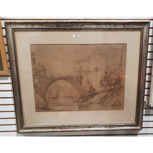 299 - Raymond Berrow (18th century school)
 Crayon and wash
 Town scene with bridges and canal, signed and... 