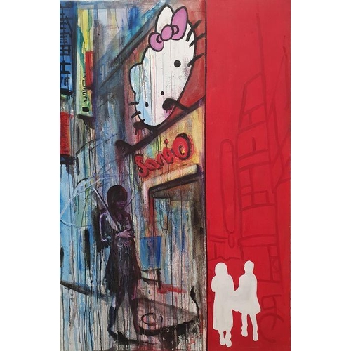 300 - 21st century school
 Acrylic on canvas
 Urban art, night-time street scene with female figure, unsig... 