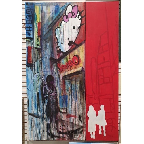 300 - 21st century school
 Acrylic on canvas
 Urban art, night-time street scene with female figure, unsig... 