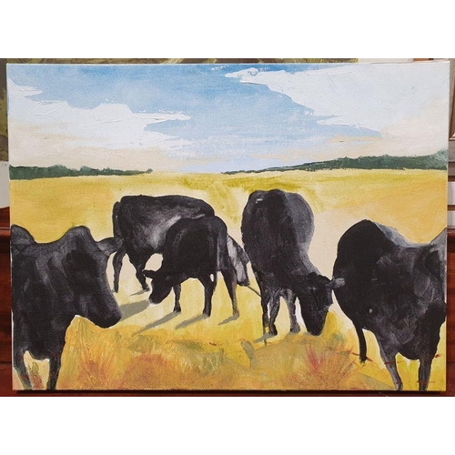 307 - 20th century school
 Acrylic on canvas
 Cows in a field, unsigned, 46cm x 61cm