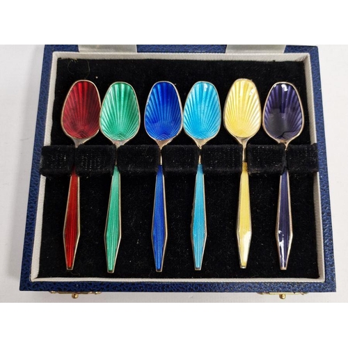 330 - Set of six silver-gilt and harlequin enamel coffee spoons, Birmingham 1970, each with guilloche enam... 