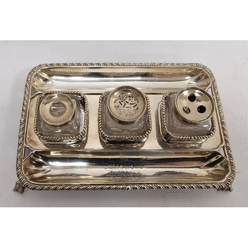 332 - Georgian silver inkstand by Edward Aldridge, London 1762, rectangular with three silver-mounted glas... 