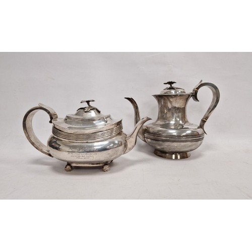 337 - Georgian silver teapot and hot water pot, each with foliate finial handles, bone insulator to the ha... 