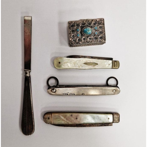 357 - Two silver-plated and mother-of-pearl handled folding fruit knives, further folding silver-handled k... 