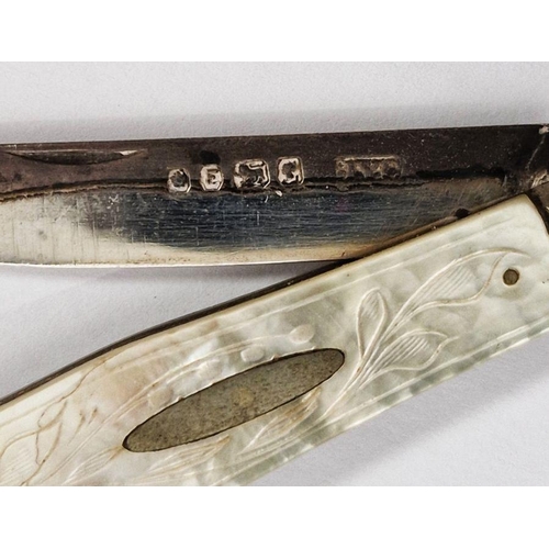 357 - Two silver-plated and mother-of-pearl handled folding fruit knives, further folding silver-handled k... 