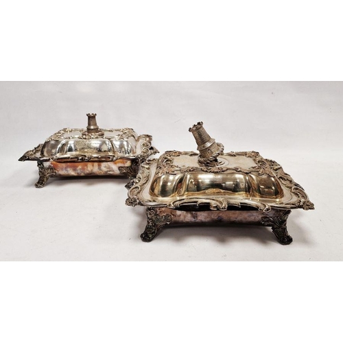 359 - Pair of Victorian silver tureens with silver castle handles, scrolling rococo-style decorated lid an... 