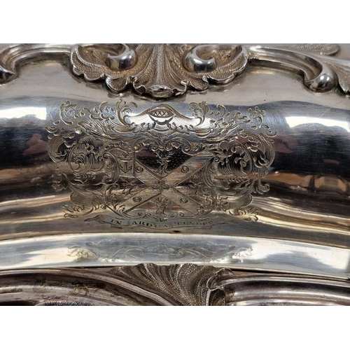 359 - Pair of Victorian silver tureens with silver castle handles, scrolling rococo-style decorated lid an... 