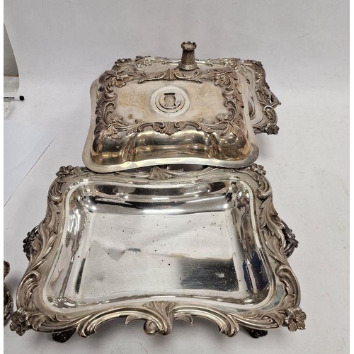 359 - Pair of Victorian silver tureens with silver castle handles, scrolling rococo-style decorated lid an... 