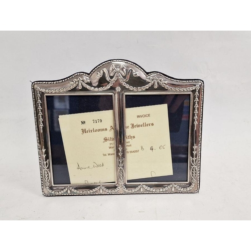 377 - Modern silver double photograph frame with bow and swag decoration, 18cm x 22cm