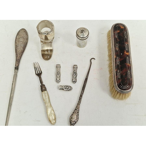 381 - Tortoiseshell and silver-backed brush, a silver-handled button hook, etc (1 tray)