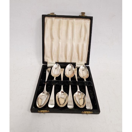 384 - Set of six Victorian silver teaspoons, monogrammed, in case, London 1884