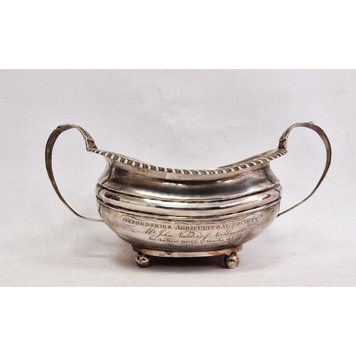 395 - Georgian silver sugar bowl marked to body 'Oxfordshire Agricultural Society to Mr John Nalder of Nor... 