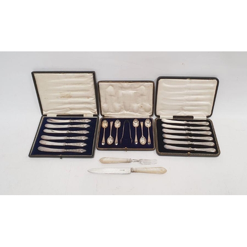 399 - Cased set of six silver-handled knives, a cased set of six silver teaspoons with sugar tongs, a furt... 