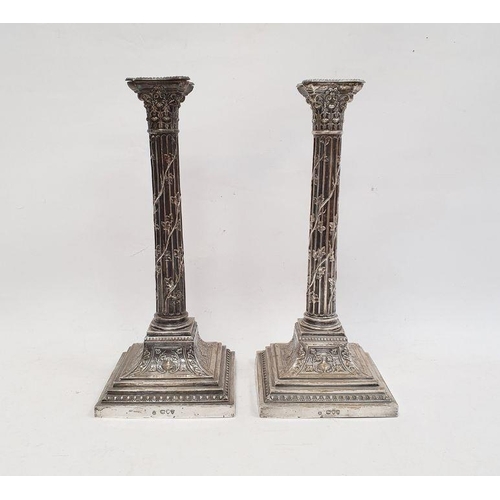 400 - Pair Victorian silver table candlesticks, each of corinthian column form and applied with trailing v... 