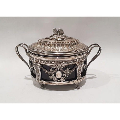 405 - French late 19th century silver and blue glass sugar basket by Leon Lapar, oval, the lid with fruit ... 